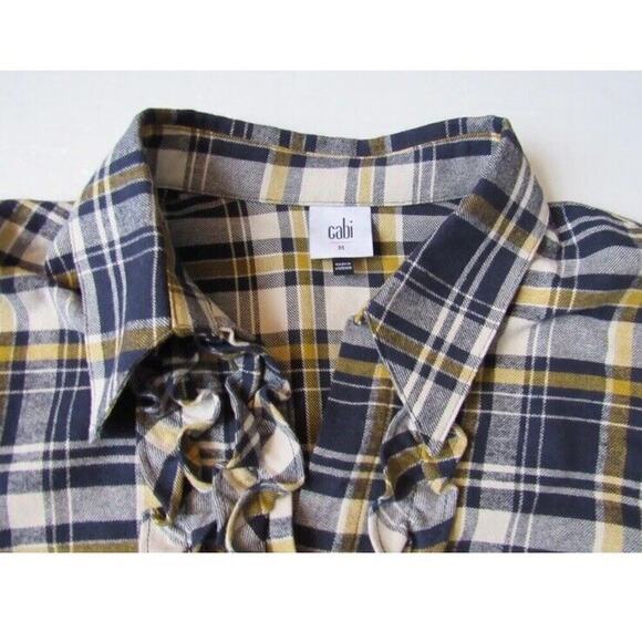 Cabi #4233 Seattle Blue Yellow Plaid Flannel Ruffle Front Shirt Blouse M Medium - Picture 2 of 5